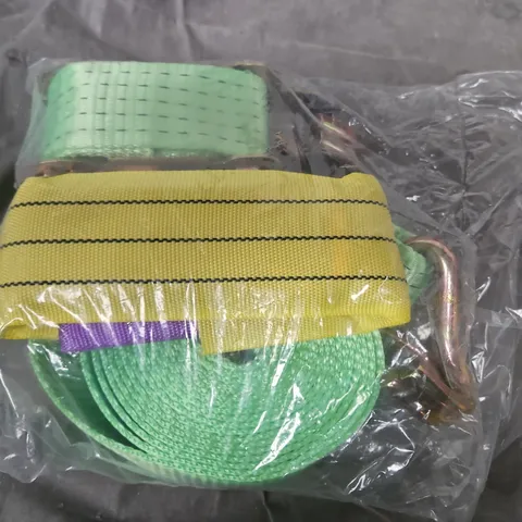 Ratchet strap – green webbing with yellow overlay, cargo tie‑down