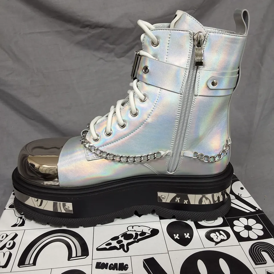 BOXED PAIR OF KOI BORIN HARDWARE PLATFORM BOOTS IN SILVER HOLOGRAM SIZE UK 6
