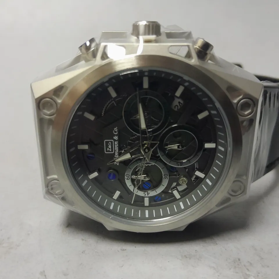 MEN’S ZIHLMANN & CO CHRONOGRAPH WATCH – MODEL ZC100 – STAINLESS STEEL CASE - 5ATM WATER RESISTANT – BLACK GENUINE LEATHER STRAP 