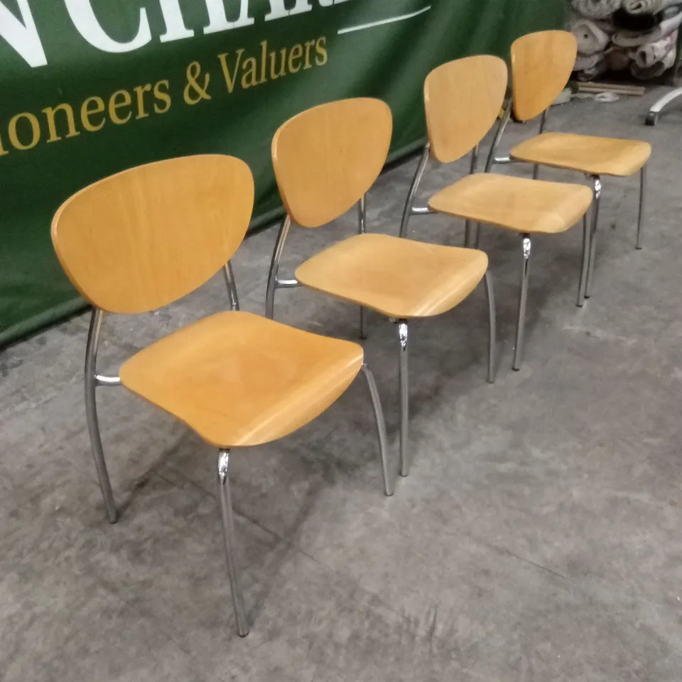 SET OF 4 STACKABLE WOOD DINING CHAIRS WITH METAL LEGS