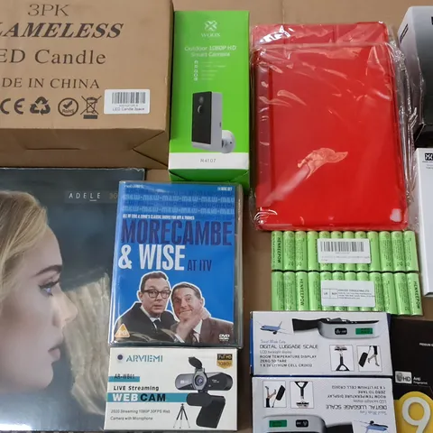 LARGE QUANTITY OF ASSORTED ITEMS TO INCLUDE LED CANDLES ADELE 30 VINYL AND RECHARGEABLE BATTERIES 