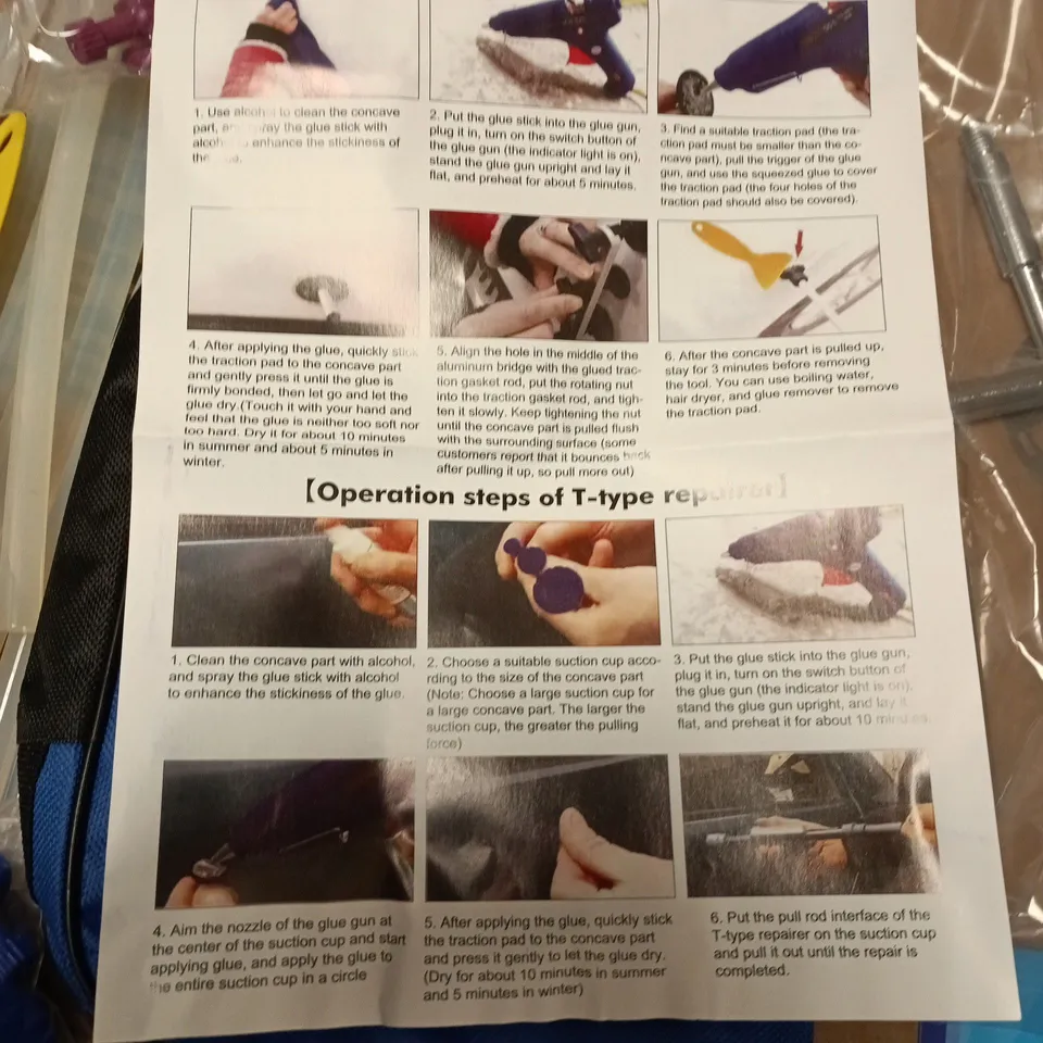 BOX OF ASSORTED AUTOMOTIVE REPAIR TOOLS INCLUDEDING HOT GLUE GUN