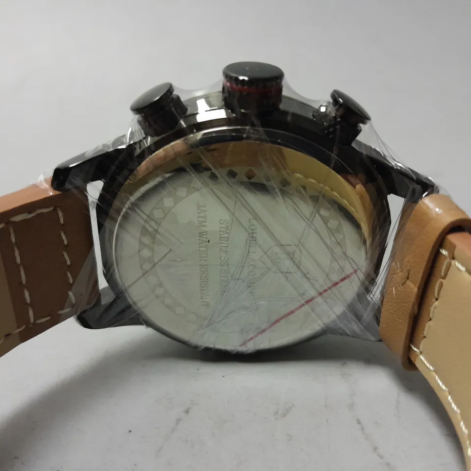MENS LOUIS LACOMBE CHRONGRAPH WATCH – 3 SUB DIALS – BLACK CASE – LEATHER STRAP