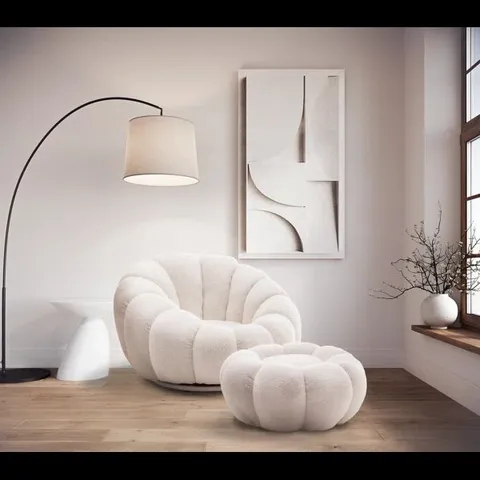 BOXED PERSE TEDDY BOUCLE SWIVEL ACCENT CHAIR WITH FOOTSTOOL