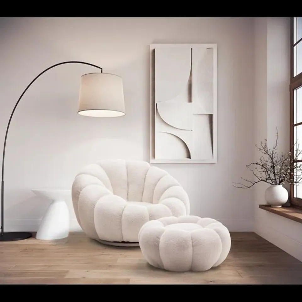 BOXED PERSE TEDDY BOUCLE SWIVEL ACCENT CHAIR WITH FOOTSTOOL