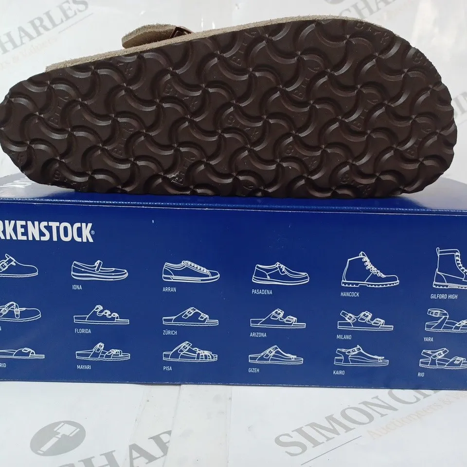 BOXED PAIR OF BIRKENSTOCK BOSTON SLIP-ON SHOES IN STONE COLOUR UK SIZE 4.5