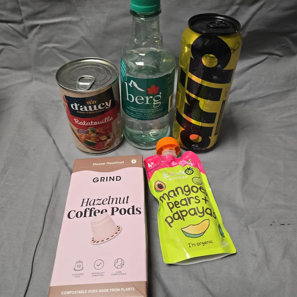 APPROXIMATELY 10 ASSORTED FOOD/DRINK PRODUCTS TO INCLUDE DRIP WATER, GRIND COFFEE PODS, ELLA'S KITCHEN BABY FOOD ETC 