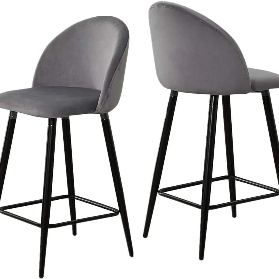 BOXED SET OF 2 BREAKFAST KITCHEN BAR STOOLS GREY VELVET CURVED BACKREST IN GREY