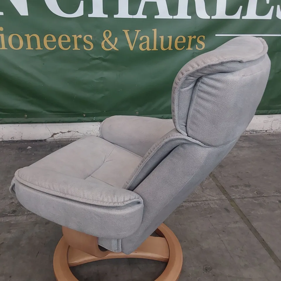 QUALITY BRITISH DESIGNER G PLAN BERGEN CHAIR & FOOTSTOOL STINGRAY PLATINUM FABRIC 