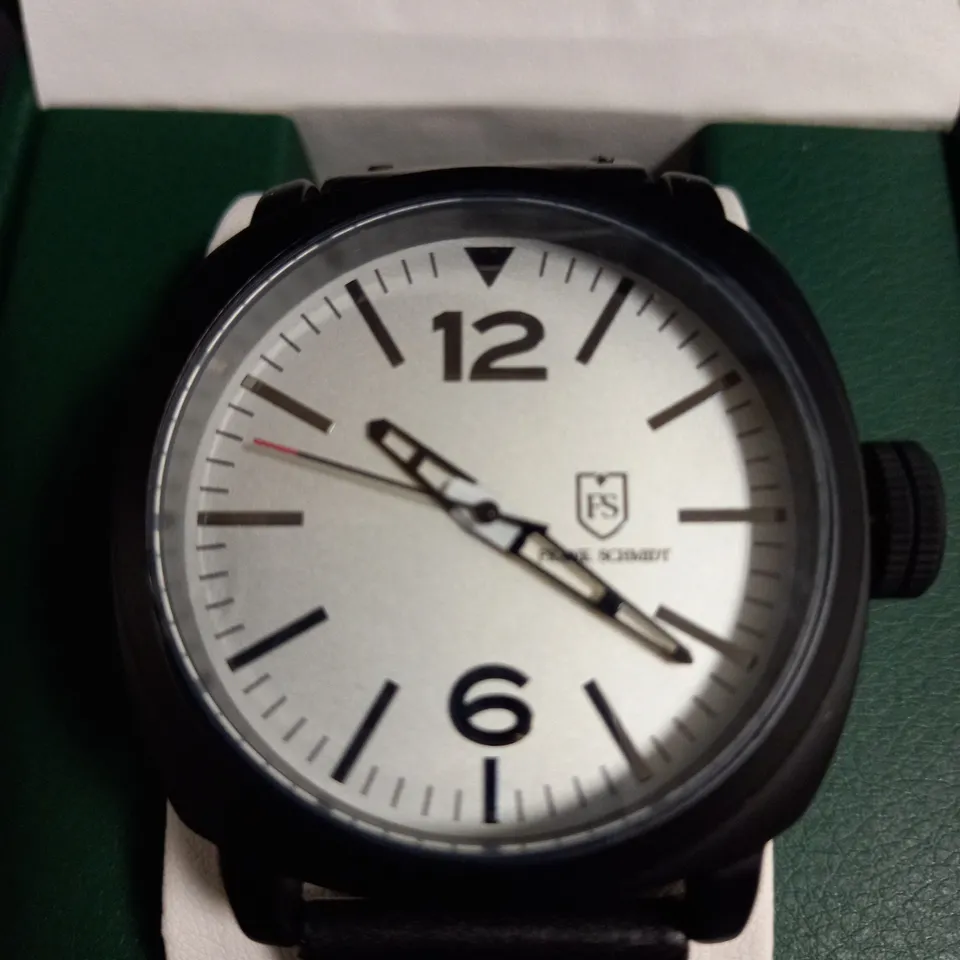 MENS FRANK SCHMIDT WATCH – LARGE BLACK CASE – WHITE PILOT DIAL – BLUE LEATHER STRAP – 3ATM WATER RESISTANT – GIFT BOX INCLUDED