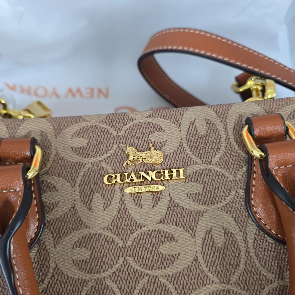 GUANCHI NEW YORK HANDBAG – MONOGRAM CANVAS WITH BROWN LEATHER TRIM