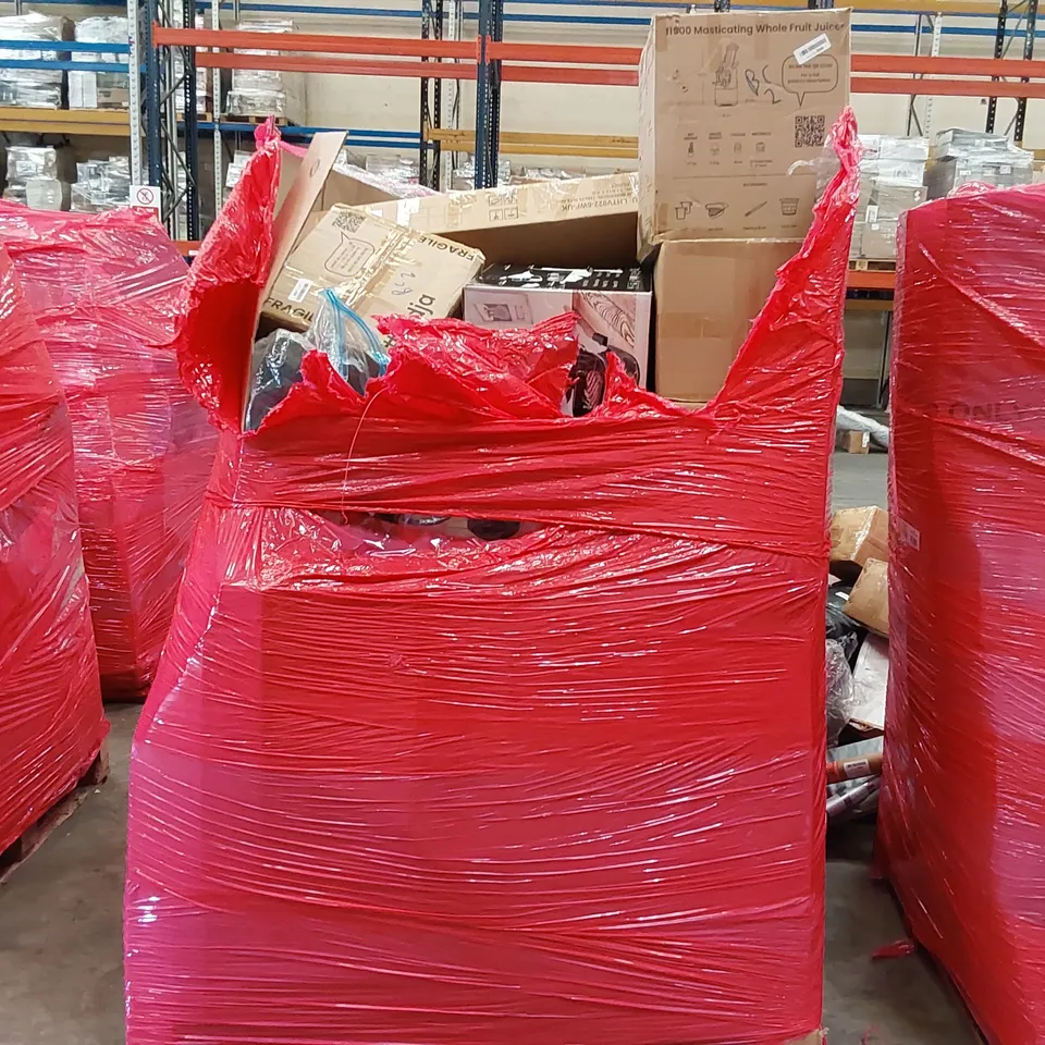 PALLET OF ASSORTED CONSUMER PRODUCTS TO INCLUDE; F1900 MASTICATING WHOLE FRUIT JUICERS, SOUTH BASE COMMERCIAL FRYER, AIR FRYER, CABINET ECT