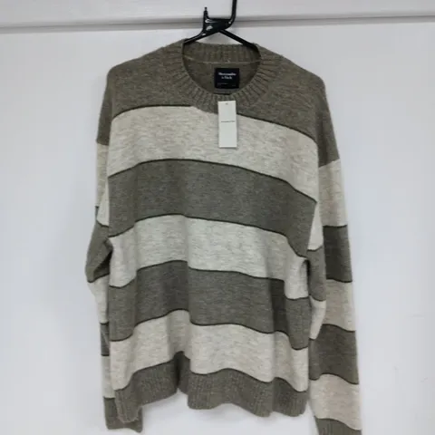 ABERCROMBIE & FITCH CREW NECK JUMPER IN GREEN/NATURAL STRIPE - L