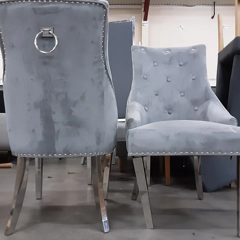 SET OF 4 UPHOLSTERED LIGHT GREY  VELVET DINING CHAIRS WITH STUDDED BORDER , 1 CHAIR IS BROKEN 