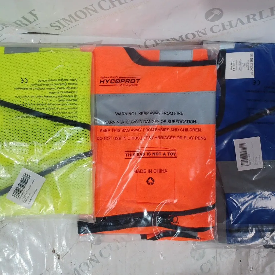 APPROXIMATELY 5 ASSORTED HI-VIS SAFETY VESTS IN VARIOUS COLOURS AND SIZES