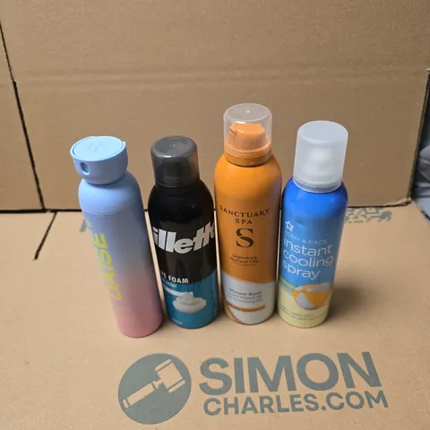 TOTE OF APPROXIMATELY 10 ASSORTED AEROSOL PRODUCTS TO INCLUDE SUPERDRUG INSTANT COOLING SPRAY, SANCTARY SPA SHOWER BURST, GILETTE FOAM, DAISE BODY SPRAY ETC