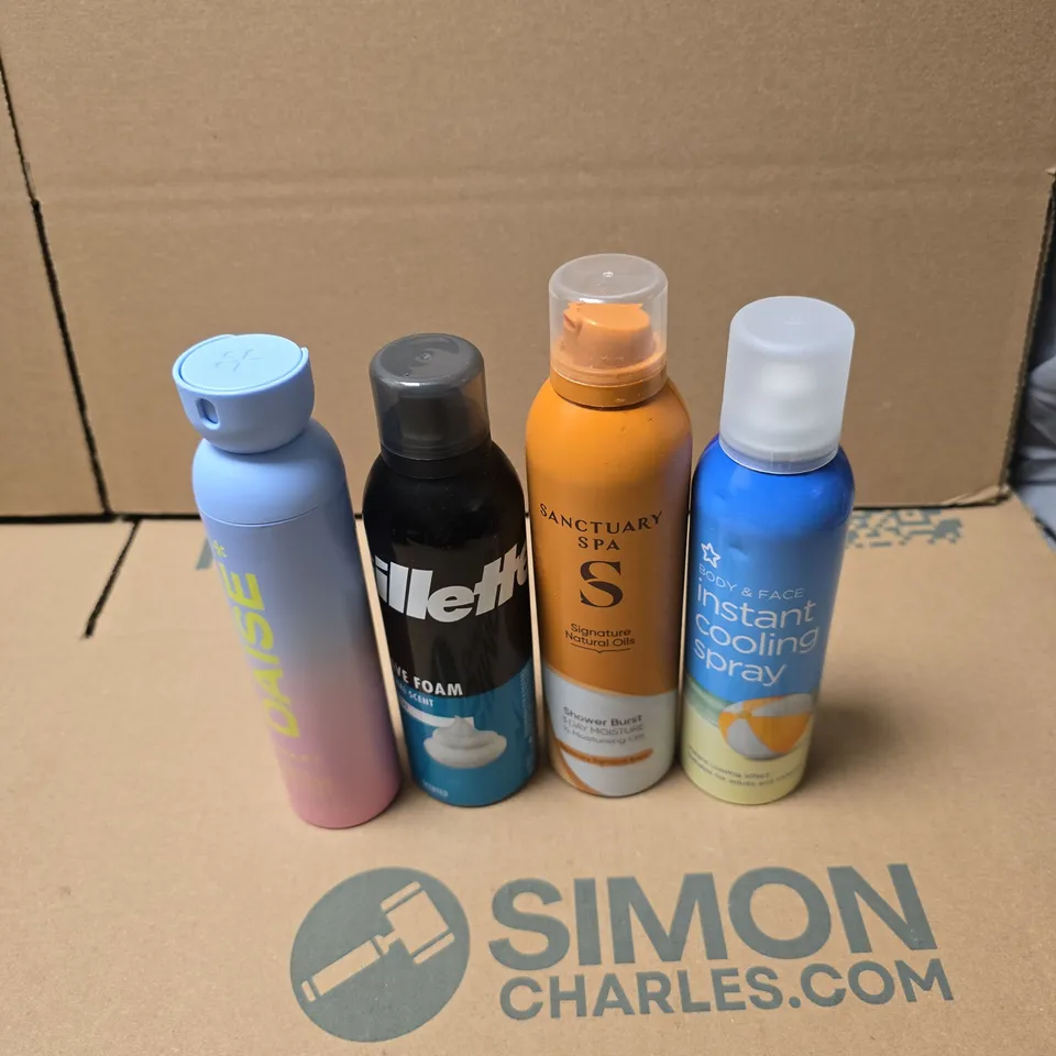TOTE OF APPROXIMATELY 10 ASSORTED AEROSOL PRODUCTS TO INCLUDE SUPERDRUG INSTANT COOLING SPRAY, SANCTARY SPA SHOWER BURST, GILETTE FOAM, DAISE BODY SPRAY ETC