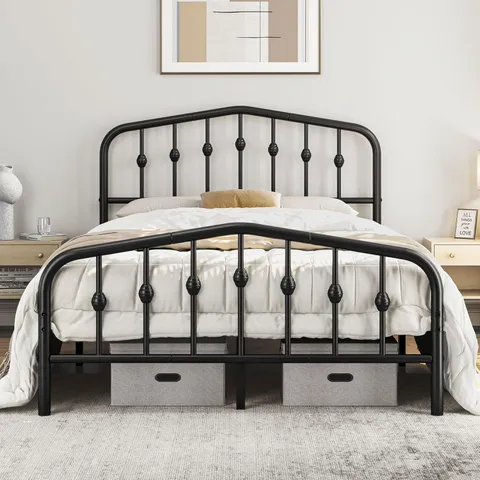 BOXED YAHEETECH 4FT6 DOUBLE BED FRAMES SLATTED METAL BED WITH CROWN-INSPIRED DESIGN HEADBOARD - BLACK (1 BOX)