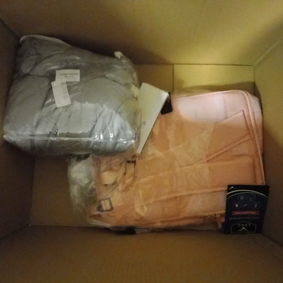 BOX OF APPROX 7 ASSORTED ITEMS INCLUDING VARIOUS BACKPACKS IN SEVERAL STYLES AND COLOURS AND A PRO WELLBEING LEG SUPPORT BOOT