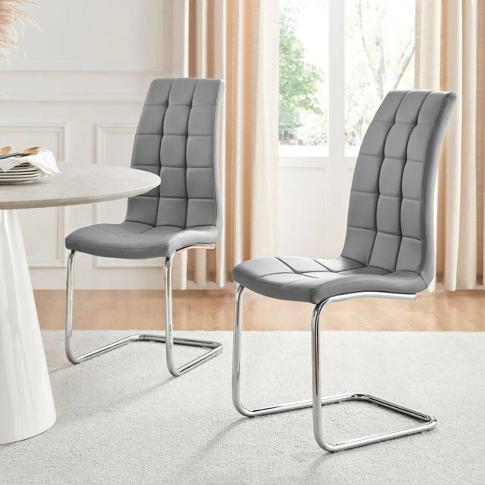 BOXED CHOWCHILLA FAUX LEATHER CUSHIONED CHROME CANTILEVER LEG DINING CHAIRS  -ELEPHANT GREY- 