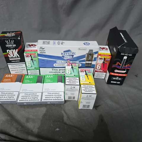 APPROXIMATELY 20 ASSORTED E-CIGARETTE PRODUCTS TO INCLUDE BRANDS SUCH AS CROWN BAR, IVG, JUUL2, ETC - COLLECTION ONLY