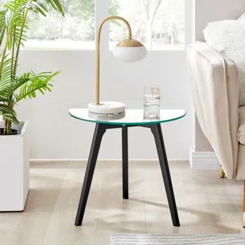 BOXED LAKSHMI SALA SCANDINAVIAN STYLE GLASS AND WOODEN LEG ROUND SIDE TABLE (1 BOX)