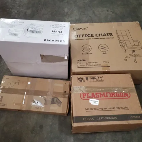 PALLET OF ASSORTED PRODUCTS INCLUDING OFFICE CHAIR, CEILING FAN LIGHT, MONITOR STAND, WELDING KIT 