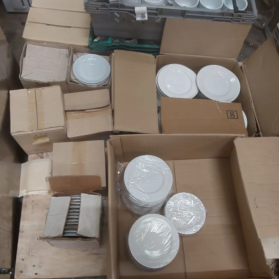 PALLET CONTAINING A VERY LARGE QUANTITY OF WHITE CUPS AND SAUCERS, WHITE SIDE PLATES, WHITE STACKING TEA CUPS AND WHITE SAUCERS