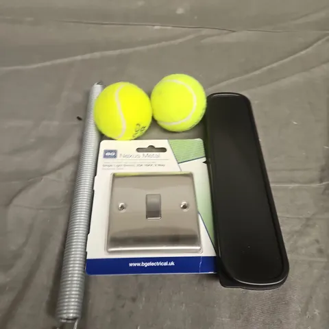 TOTE OF APPROXIMATELY 10 ASSORTED HOUSEHOLD ITEMS TO INCLUDE TENNIS BALLS, LIGHT SWITCHES AND SPRINGS
