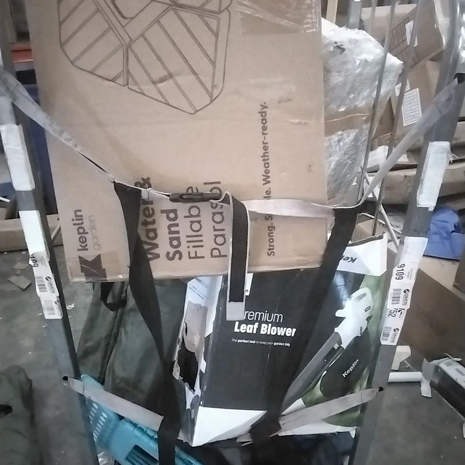CAGE CONTAININ ASSORTED HOUSEHOLD GOODS WHICH INCLUDE; LEAF BLOWER, PARASOL BASE, CAMPING CHAIRS ETC