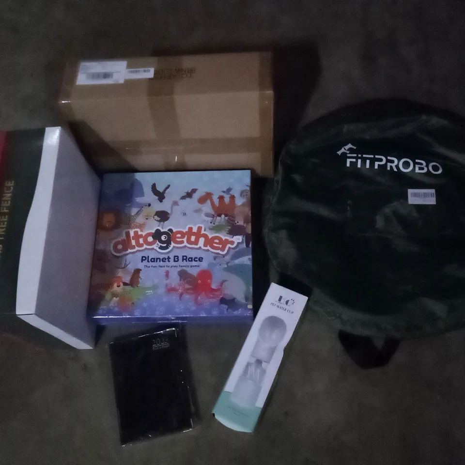 PALLET OF ASSORTED ITEMS INCLUDING POP UP SHOWER PRIVY, PET WATER CUP, 2023 PLANNER, CHRISTMAS TREE FENCE, KIDS BOARD GAME, MAIL SORTER