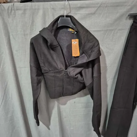 RISING BLACK TWO-PIECE CROPPED ZIP HOODIE & JOGGER SET, SIZE S/M