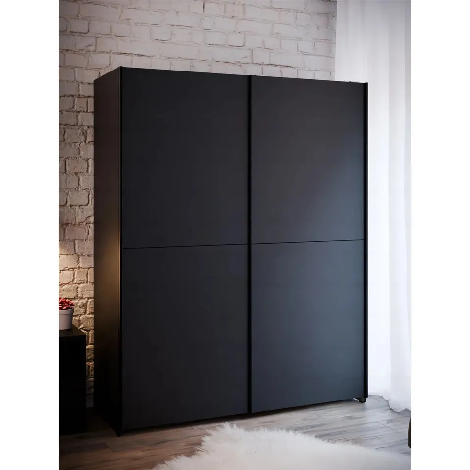 BOXED 2 DOOR BLACK SLIDING WARDROBE WITH CLOTHES RAIL,150CM W × 191CM H × 61CM D (4 BOXES)