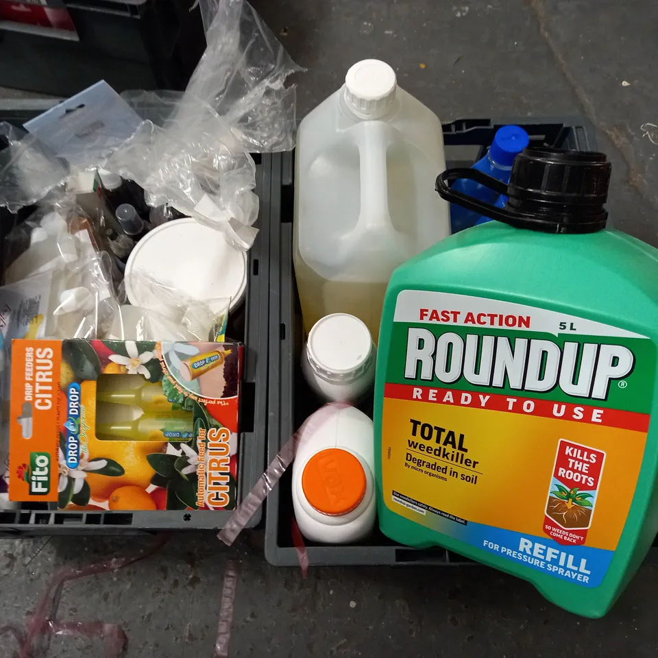 4 CRATES OF ASSORTED HOUSEHOLD ITEMS TO INCLUDE REED DIFFUSER, LIQUID SANDER AND ROUNDUP - COLLECTION ONLY