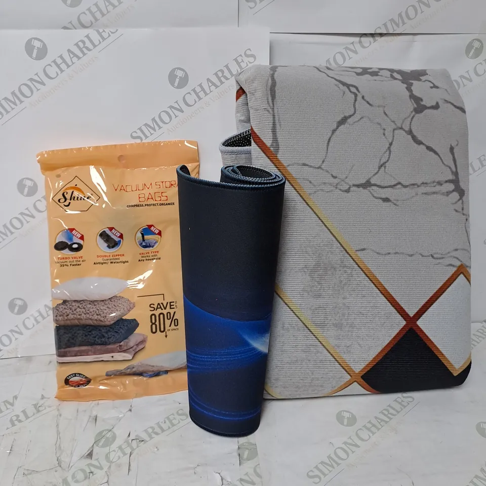 LARGE QUANTITY OF ASSORTED ITEMS TO INCLUDE RUG 100CM X 150CM, DESK PAD TABLE PROTECTOR, VACUUM STORAGE BAGS 