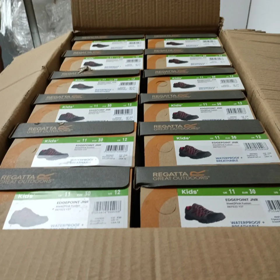 BOX OF APPROXIMATELY 12 PAIRS OF BRAND NEW BOXED REGATTA EDGEPOINT WATERPROOF LOW KIDS WALKING SHOES IN STEEL PINK FUSION - SIZE CHILDS UK 11 