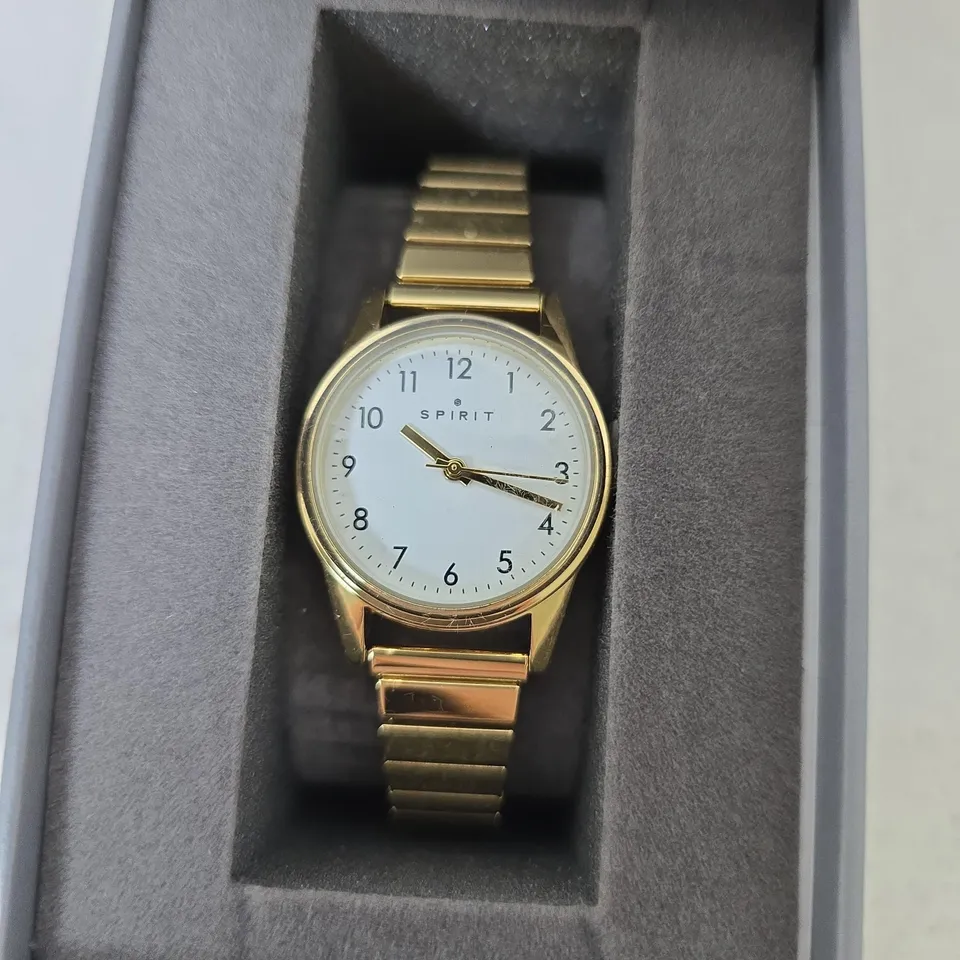 BOXED SPIRIT LADIES WHITE DIAL GOLD PLATED STAINLESS STEEL EXPANDER BRACELET WATCH