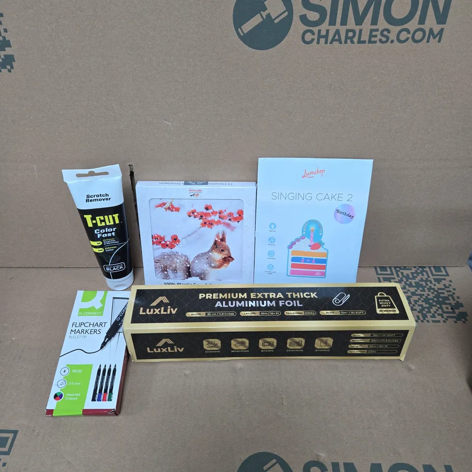 APPROXIMATELY 15 ASSORTED HOUSEHOLD ITEMS TO INCLUDE SINGING CAKE 2 LIGHT UP AND MUSICAL CARD, FLIPCHART MARKERS AND T-CUT COLOUR FAST SCRATCH REMOVER BLACK