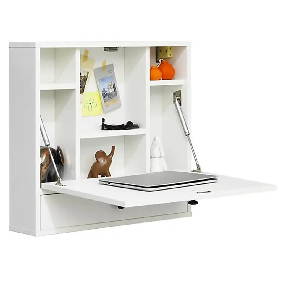 BOXED COSTWAY FOLDING LAPTOP DESK W/LARGE STORAGE SPACE FOLDING WORKSTATION WALL MOUNTED - WHITE