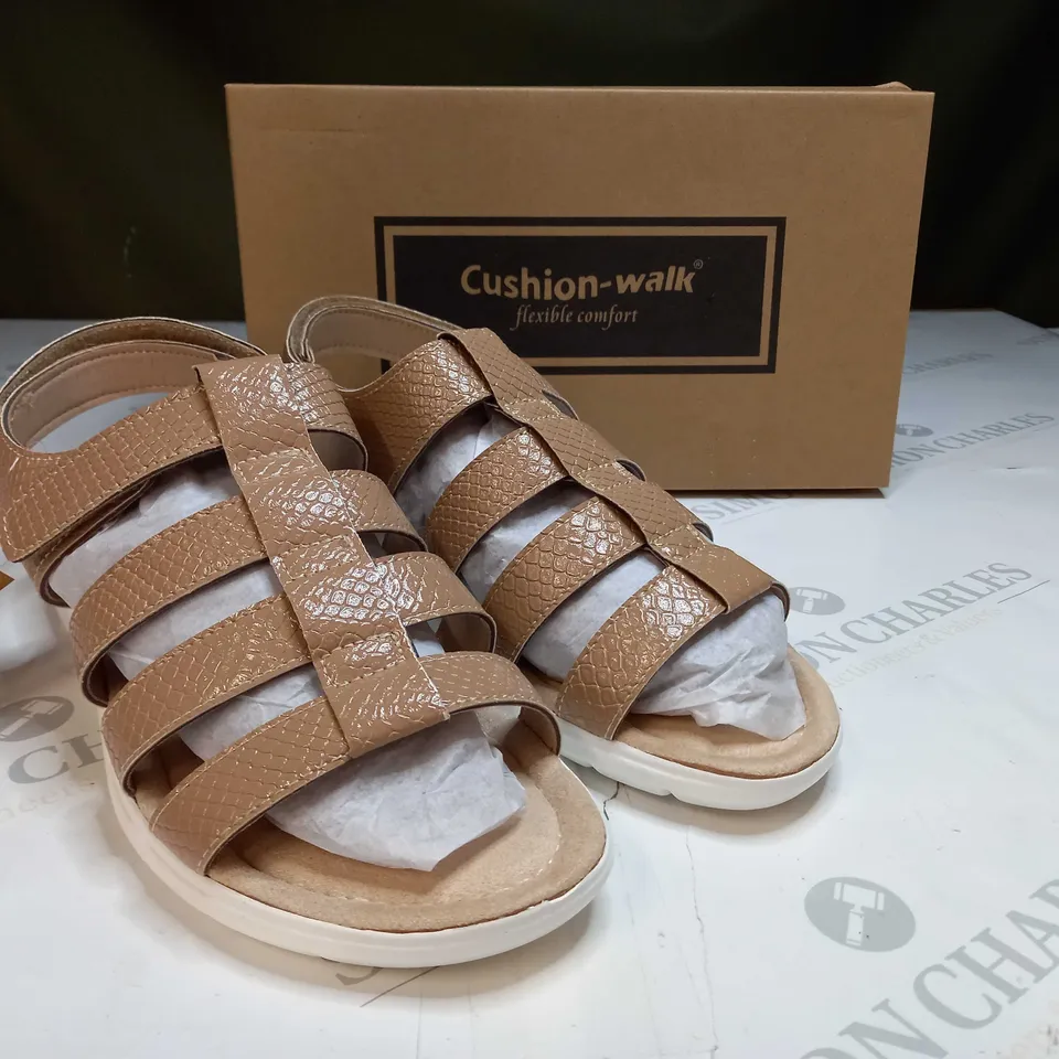 BOXED CUSHION WALK PLATFORM SANDALS IN TAN - SIZE 8