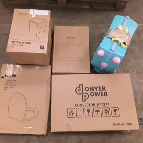 PALLET OF ASSORTED PRODUCTS INCLUDING MOTION SENSOR TRASH CAN, TOILET SEAT, CONVECTOR HEATER,  LAP DESK , TRUNKI KIDS SUITCASE