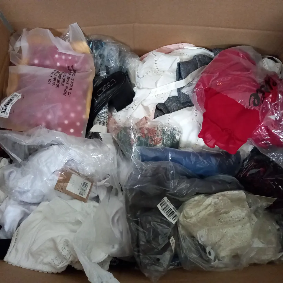 BOX OF ASSORTED CLOTHING ITEMS TOO INCLUDE JUMPERS, SHIRTS AND TROUSERS IN VARIOUS SIZES AND COLOURS   
