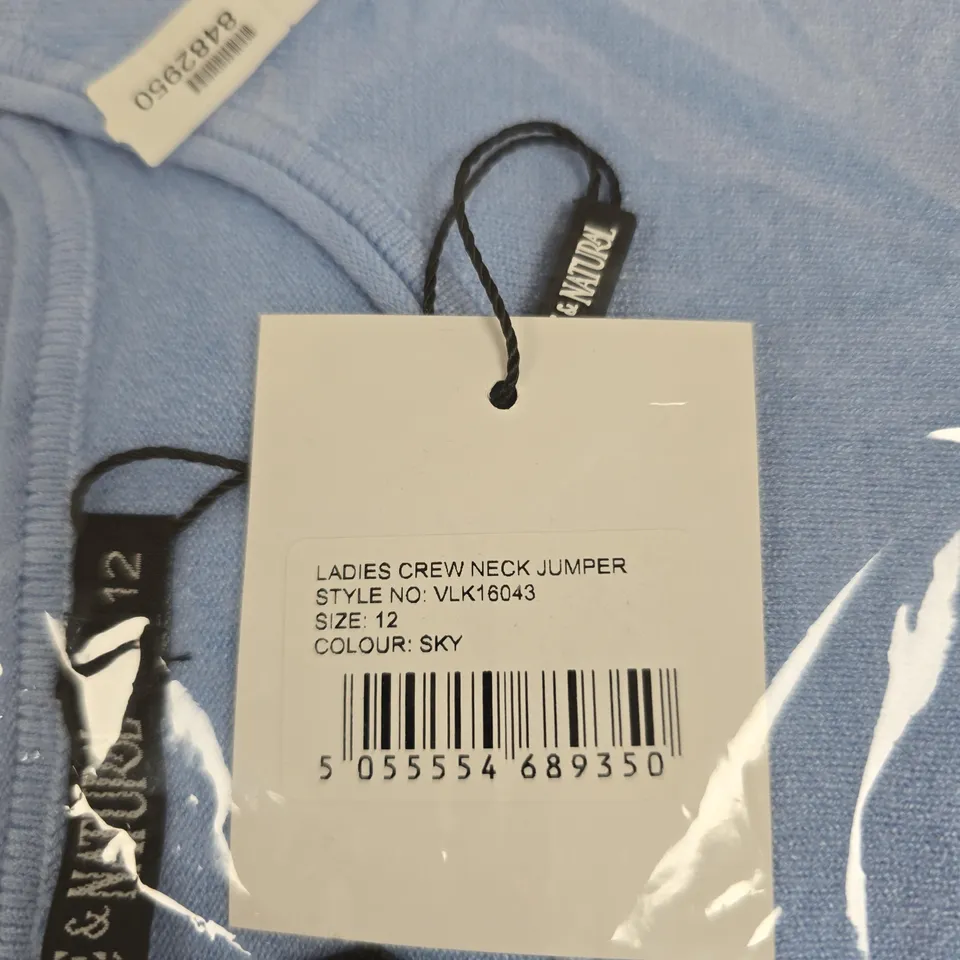 PURE & NATURAL LADIES CREW NECK JUMPER – SKY BLUE, UK 12 (STYLE NO: VLK16043)