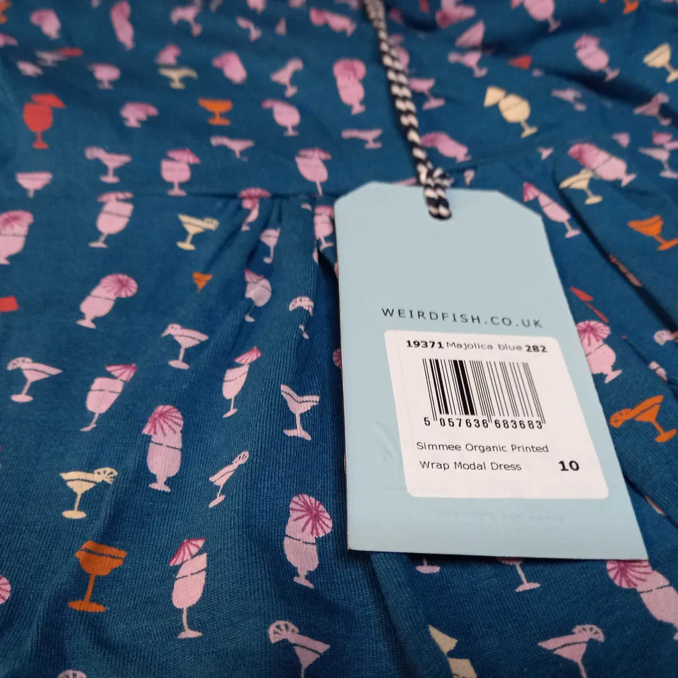 WEIRDFISH MAJOLICA BLUE PRINTED WRAP MODAL DRESS - SIZE 10