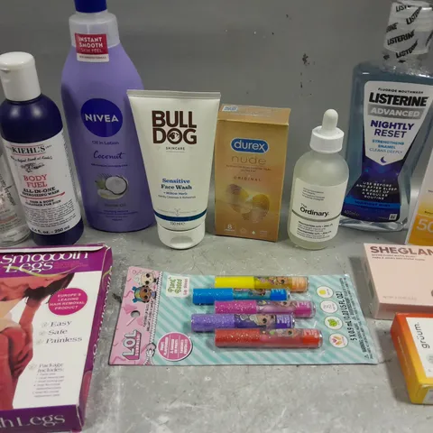 12 ASSORTED BEAUTY PRODUCTS TO INCLUDE NIVEA OIL LOTION, KIEHL'S BODY FUEL BODY WASH, SHEGLAM MATTE BLUSH, ETC 