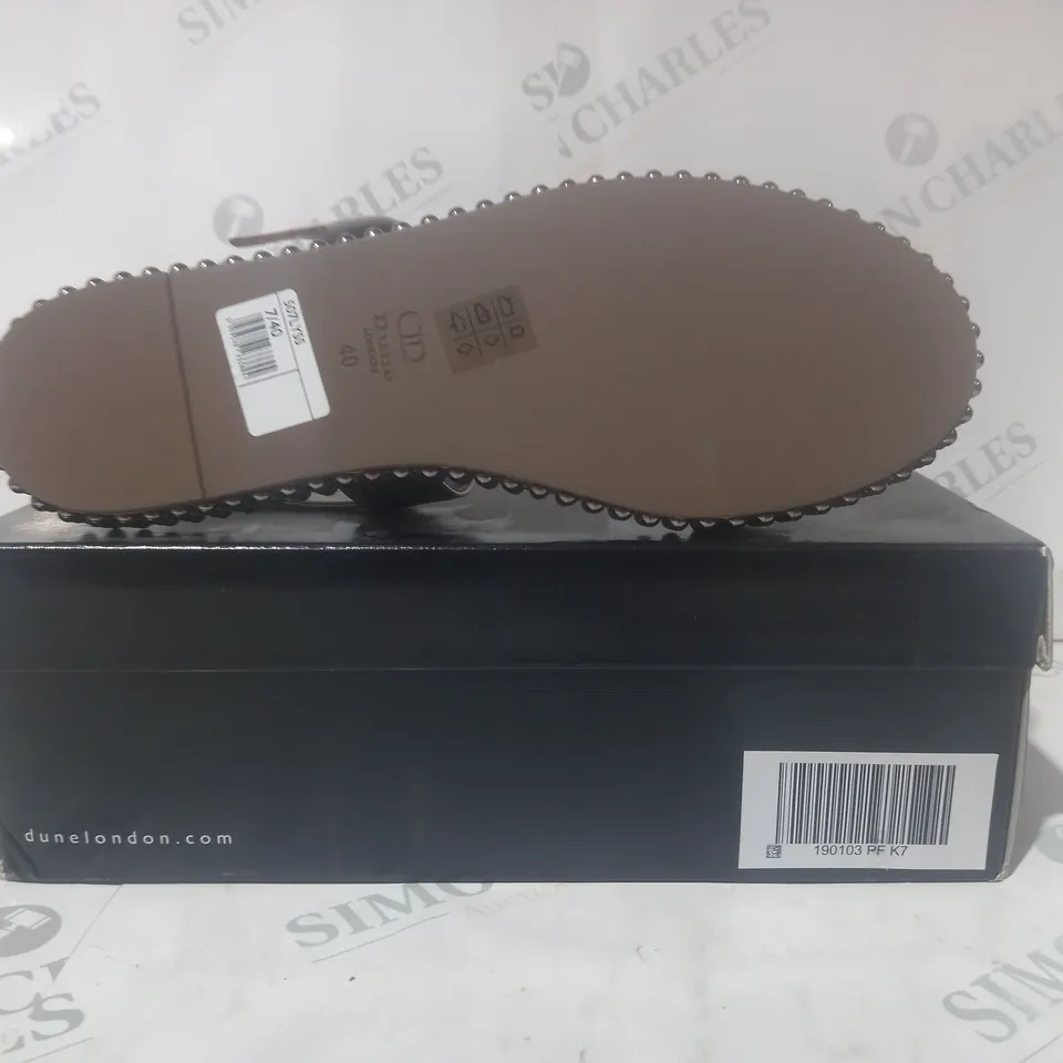 BOXED PAIR OF DUNE LONDON STUDDED PEWTER SANDALS - SIZE 7