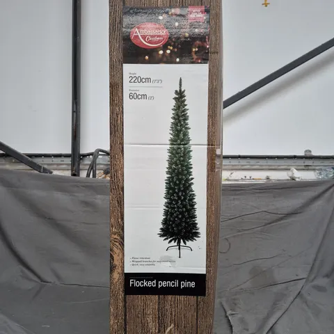 AMBASSADOR CHRISTMAS FLOCKED PENCIL PINE TREE – 220 CM TALL, 60 CM DIAMETER (BOXED)