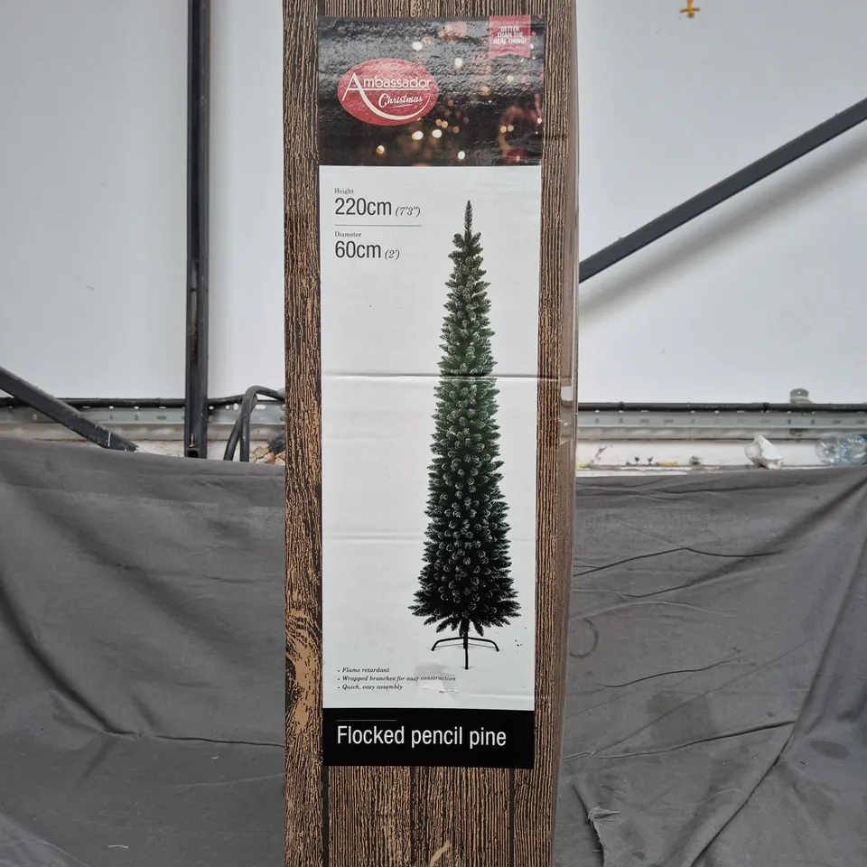 AMBASSADOR CHRISTMAS FLOCKED PENCIL PINE TREE – 220 CM TALL, 60 CM DIAMETER (BOXED)