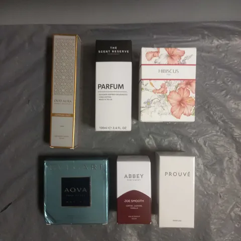 BOX OF APPROX 6 ASSORTED BOXED FRAGRANCES TO INCLUDE - ZARA HIBISCUS - ABBEY JOE SMOOTHEAU DE PARFUM - THE SCENT RESERVE - ETC