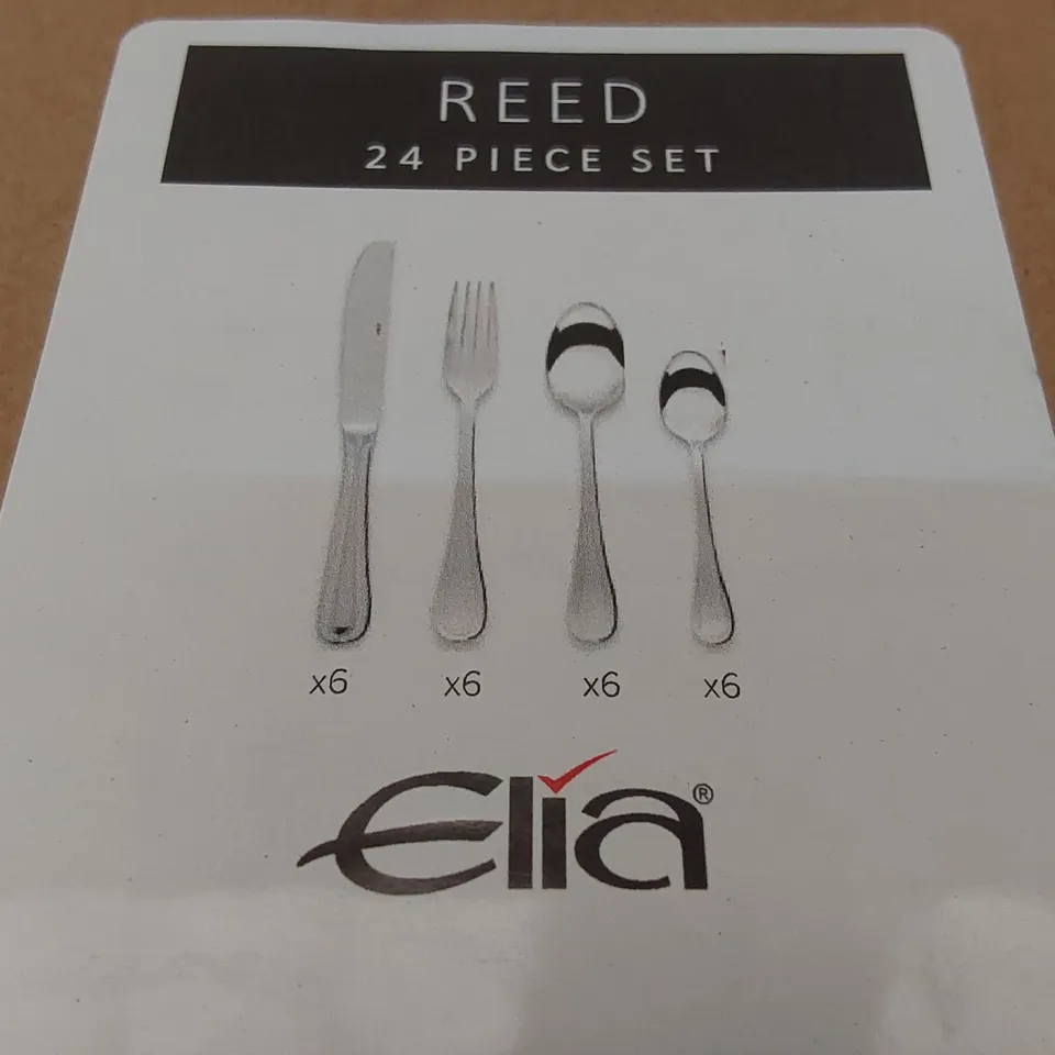 BOXED ELIA REED APPROXIMATELY 24 PIECE STAINLESS STEEL CUTLERY SET, SERVICE FOR 6